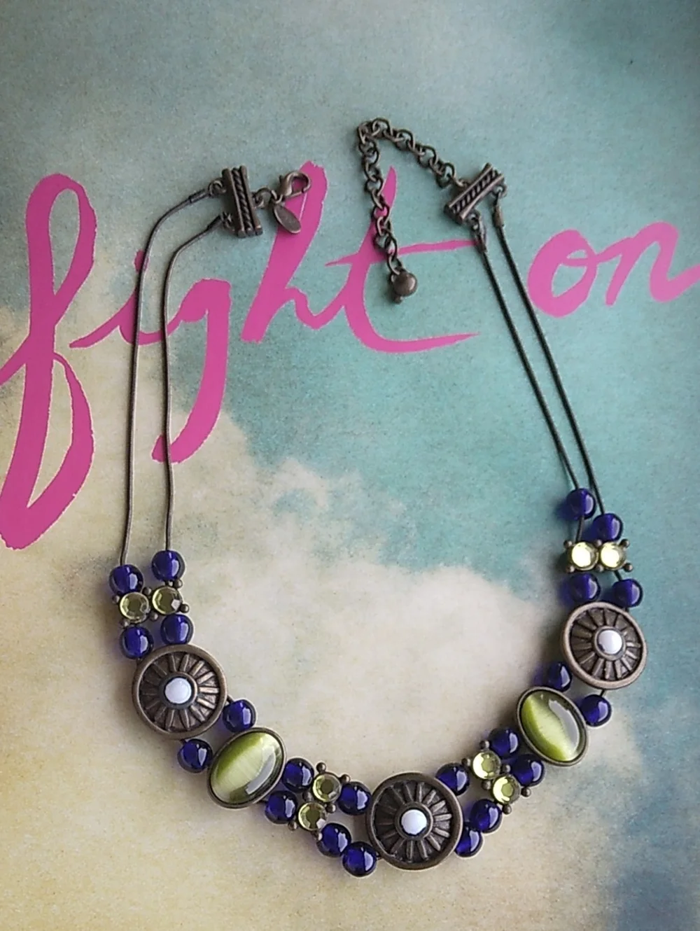 Chico's Y2K Antique Brass Statement Bib Necklace Blue Green Cat's Eye Medallion